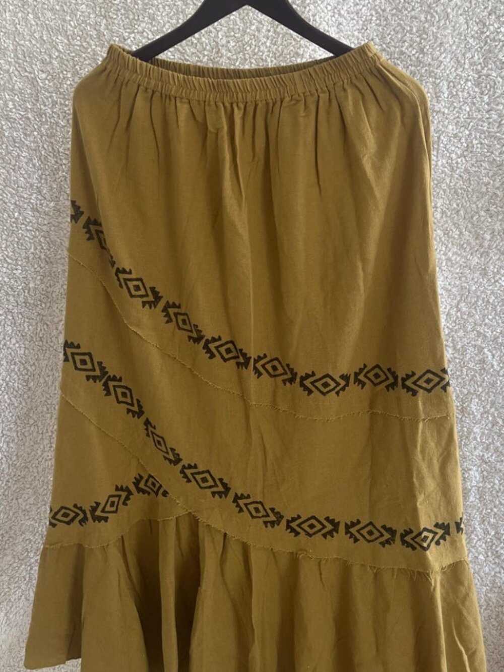 Thearah Gold Organic Cotton Maxi Skirt, Cascading Panels and Geometric Borders